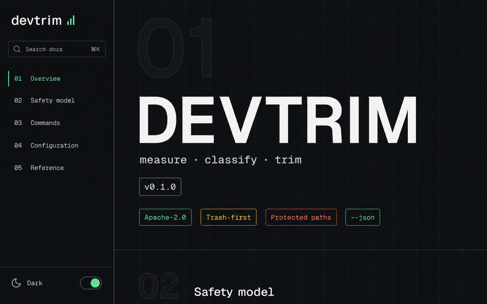 devtrim documentation shell: graphite background, technical grid, giant DEVTRIM wordmark and semantic badges