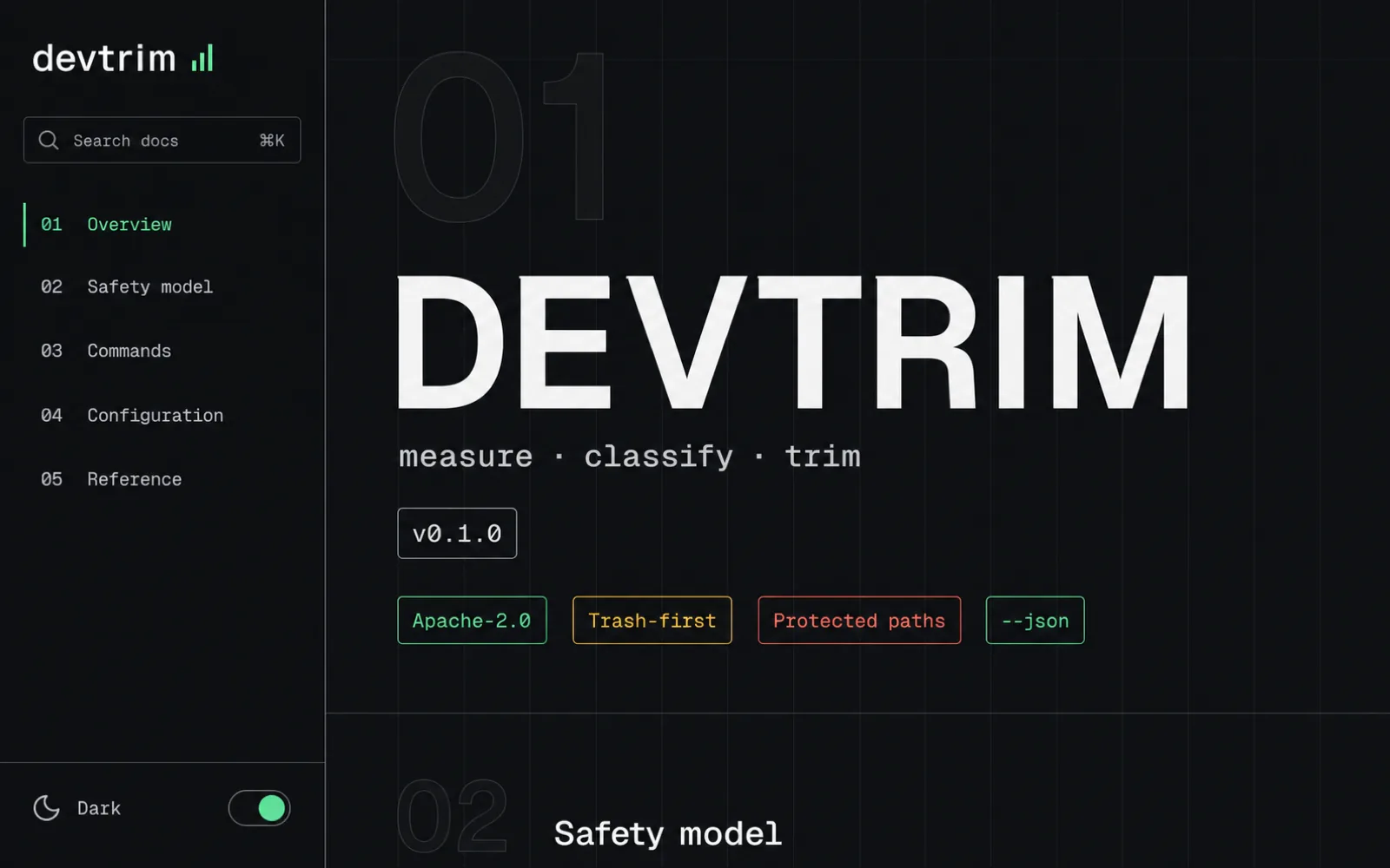 devtrim documentation shell: graphite background, technical grid, giant DEVTRIM wordmark and semantic badges