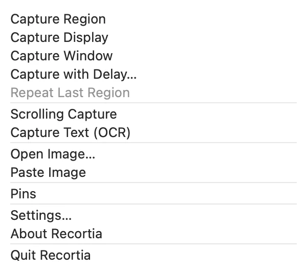 The Recortia menu bar menu with the capture options.