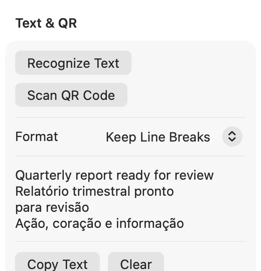 The Text and QR panel with recognized text and Copy Text and Clear buttons.