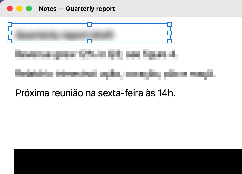 A mesma janela exportada pelo Recortia: título desfocado, duas linhas pixelizadas e a chave coberta por uma tarja preta.