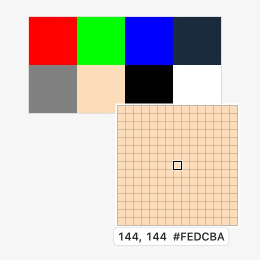 Lupa ampliando os pixels de uma captura, com a coordenada e a cor.
