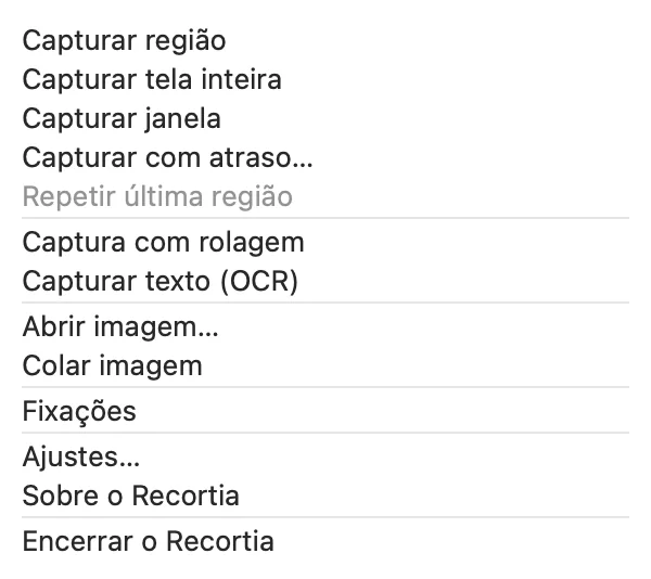 Menu do Recortia na barra de menus com as opções de captura.