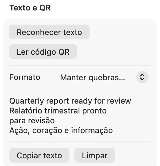 Painel Texto e QR com o texto reconhecido e os botões Copiar texto e Limpar.
